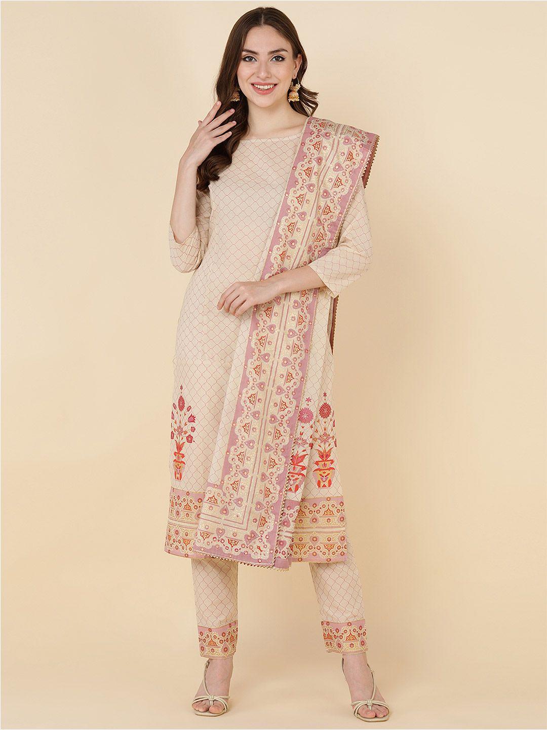 here&now women beige ethnic motifs printed pure cotton kurta with trousers & dupatta