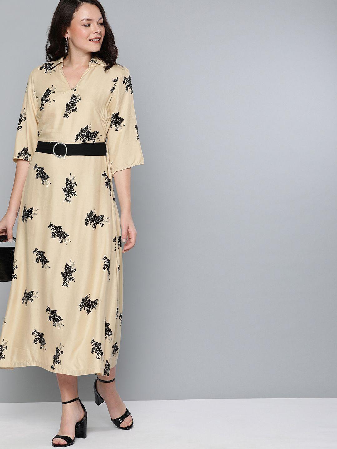 here&now women beige printed fit and flare dress