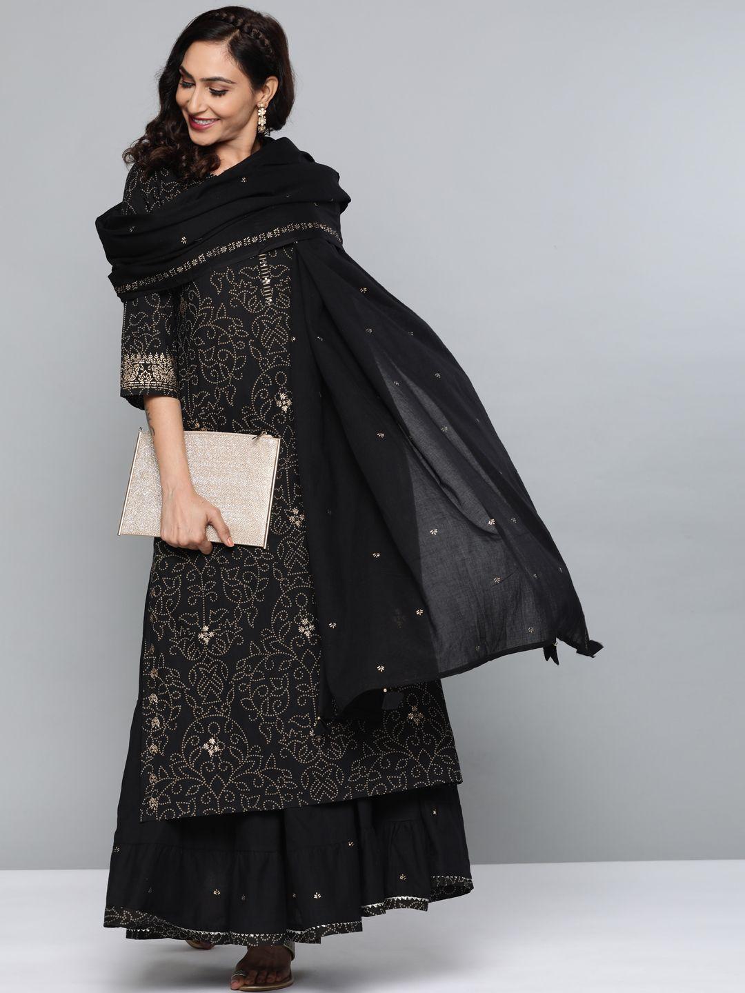 here&now women black & beige printed kurta with skirt & dupatta