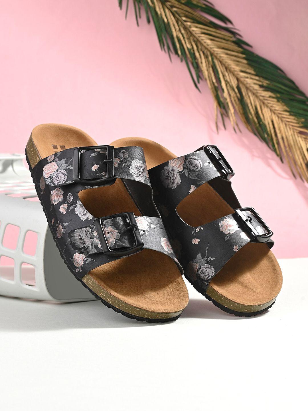 here&now women black & brown printed two strap open toe flats with buckle detail