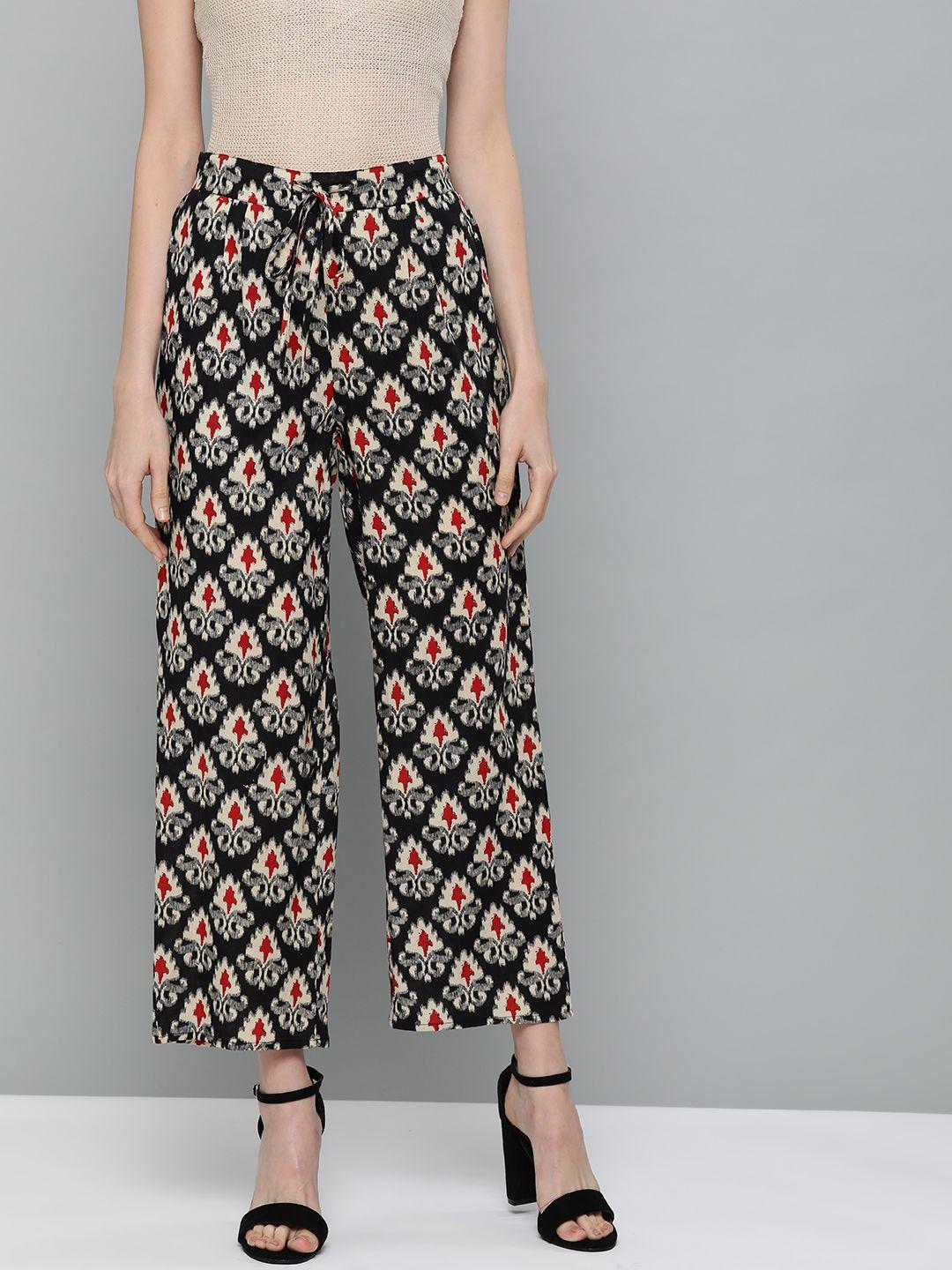 here&now women black & cream-coloured printed cropped straight palazzos