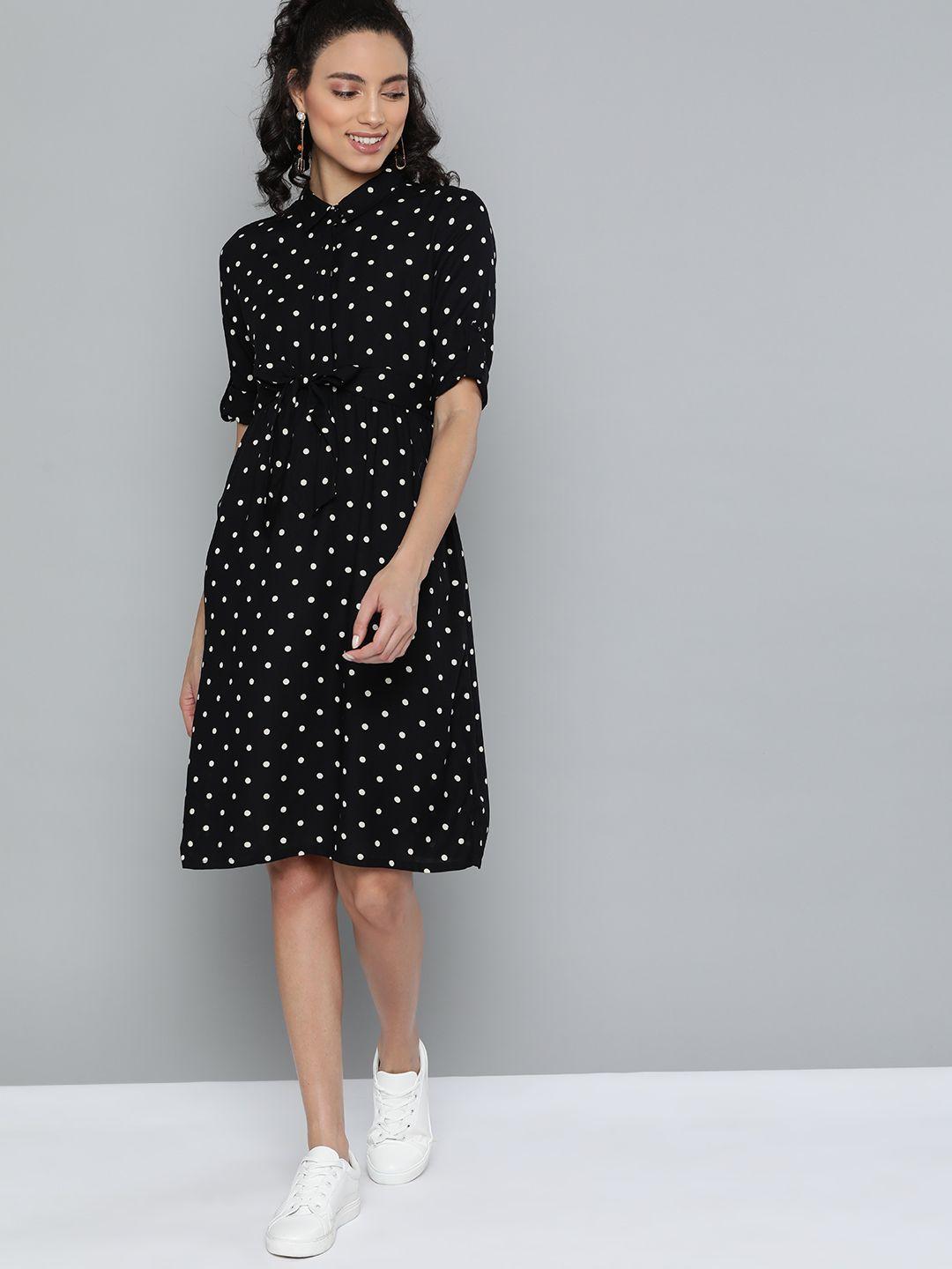 here&now women black & off-white polka dots print a-line dress & belt