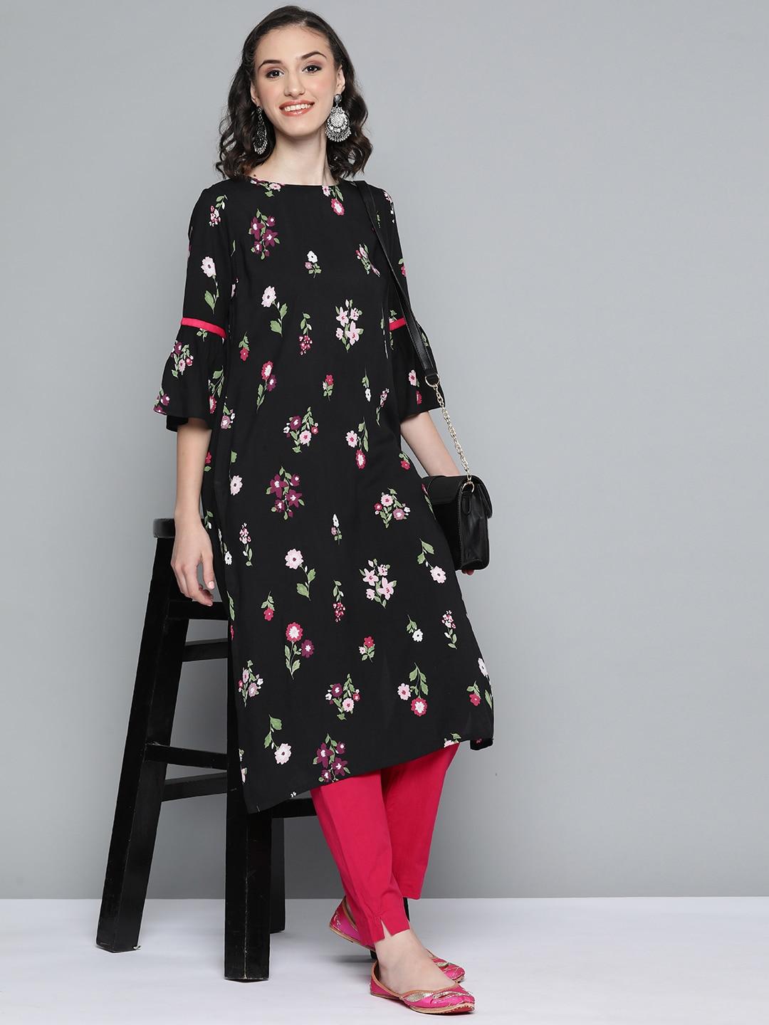 here&now women black & pink floral printed flared sleeves kurta