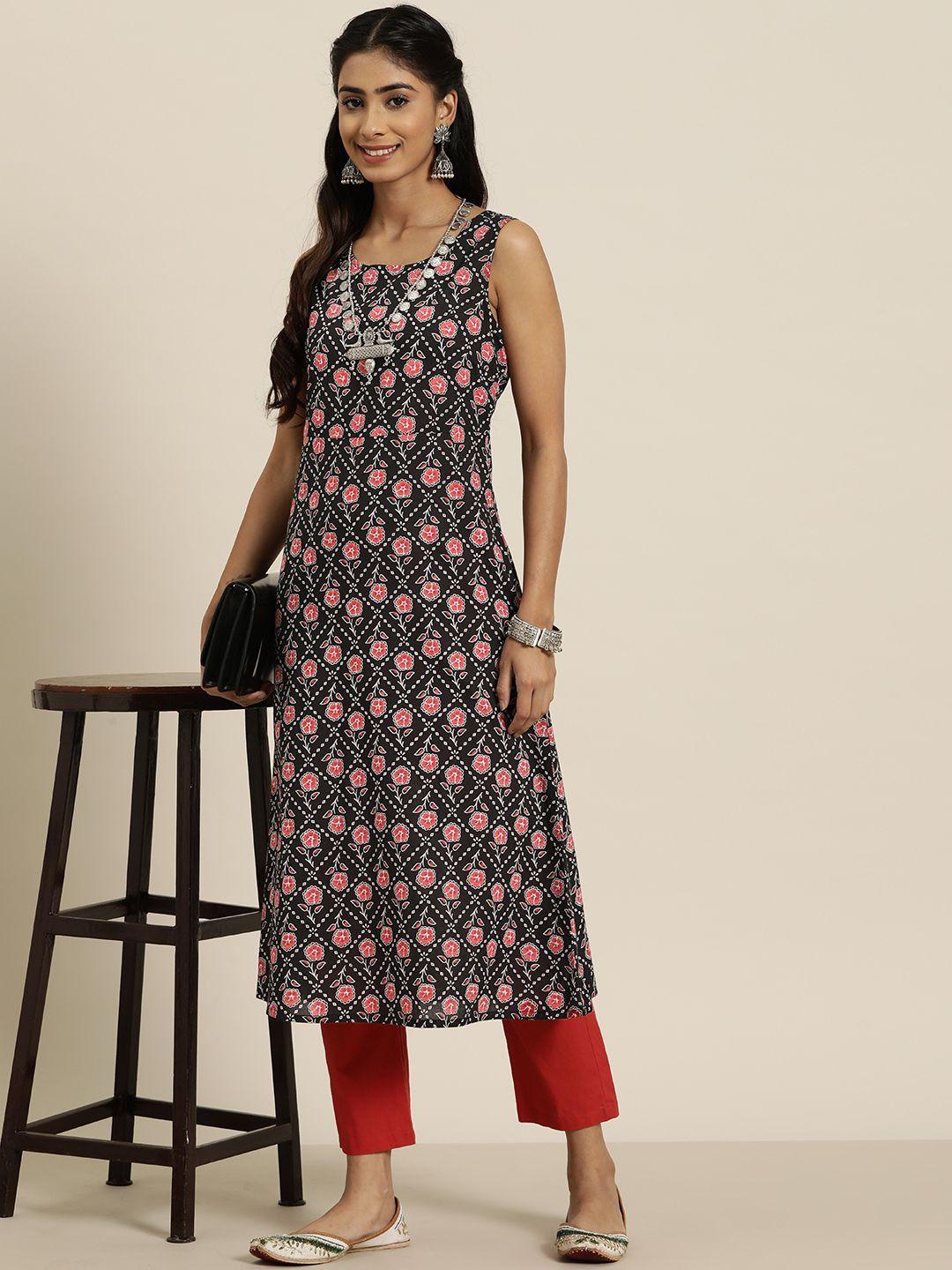 here&now women black & red floral printed kurta