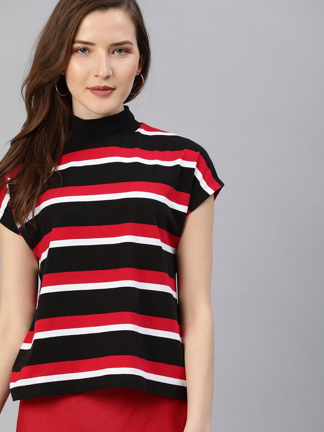 here&now women black & red striped high neck t-shirt
