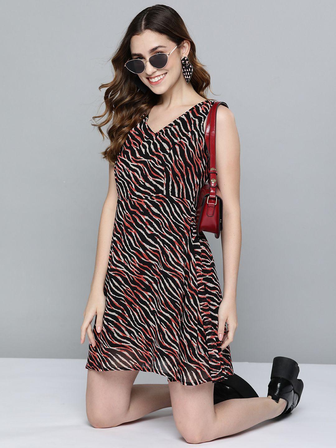 here&now women black & white animal crepe a-line dress