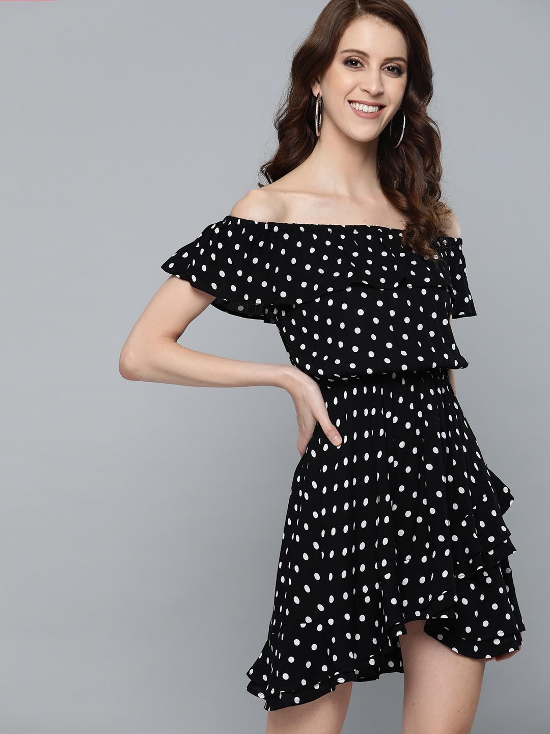 here&now women black & white polka dots print a-line dress