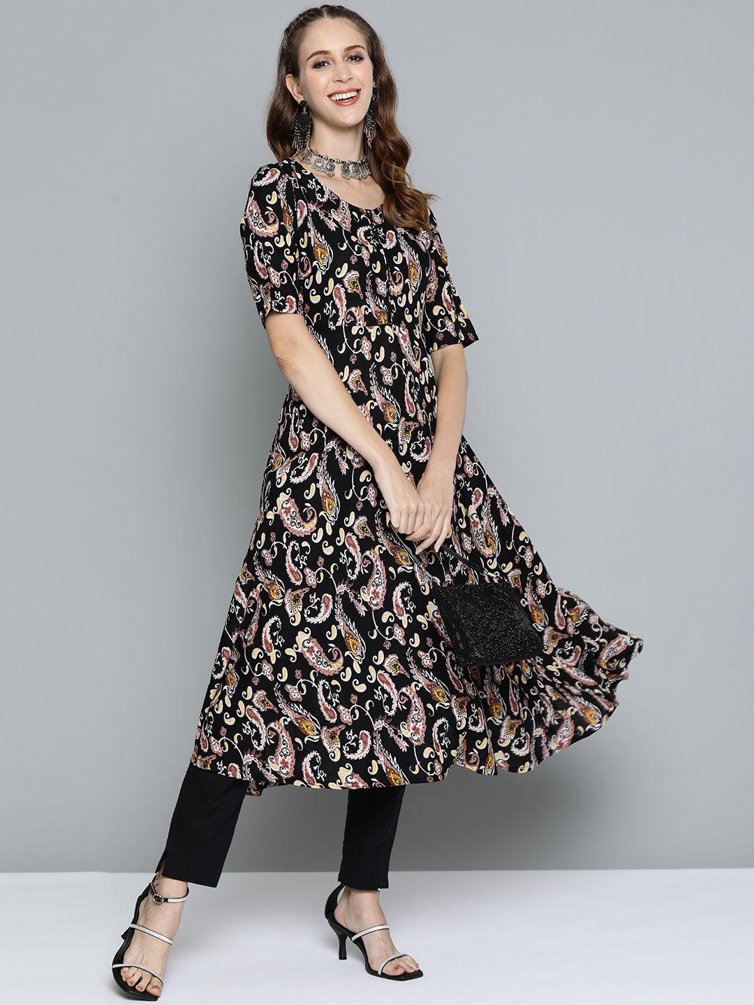 here&now women black & yellow paisley printed a-line kurta