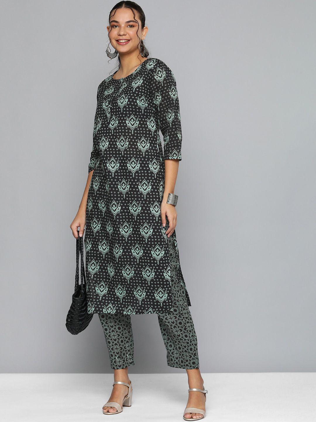 here&now women black  & green printed pure cotton kurta with trousers