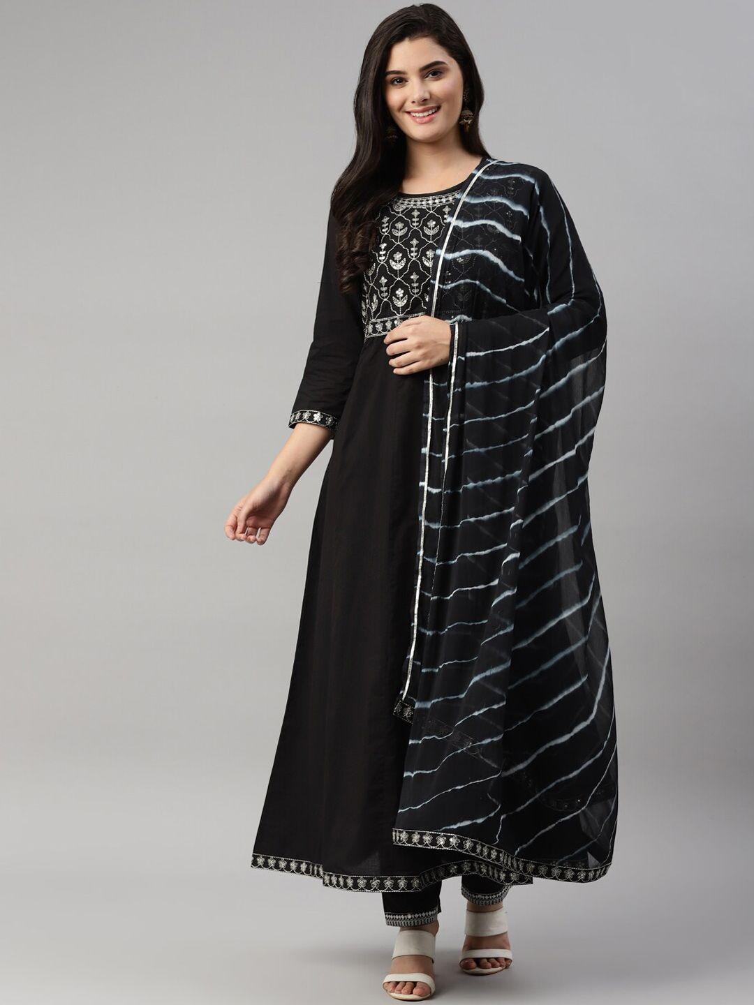 here&now women black floral embroidered kurta with trousers & with dupatta