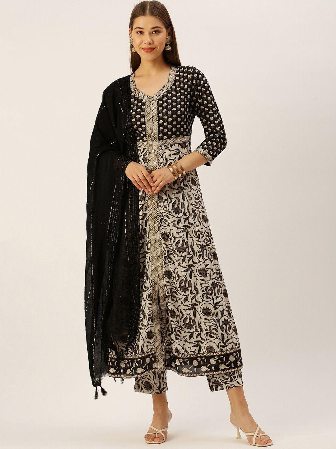 here&now women black floral printed kurta with trouser & with dupatta
