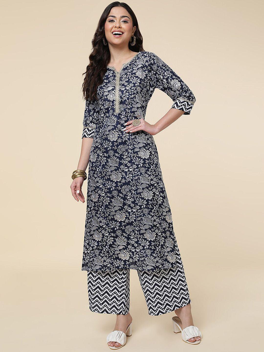 here&now women black floral printed regular kurta with palazzos