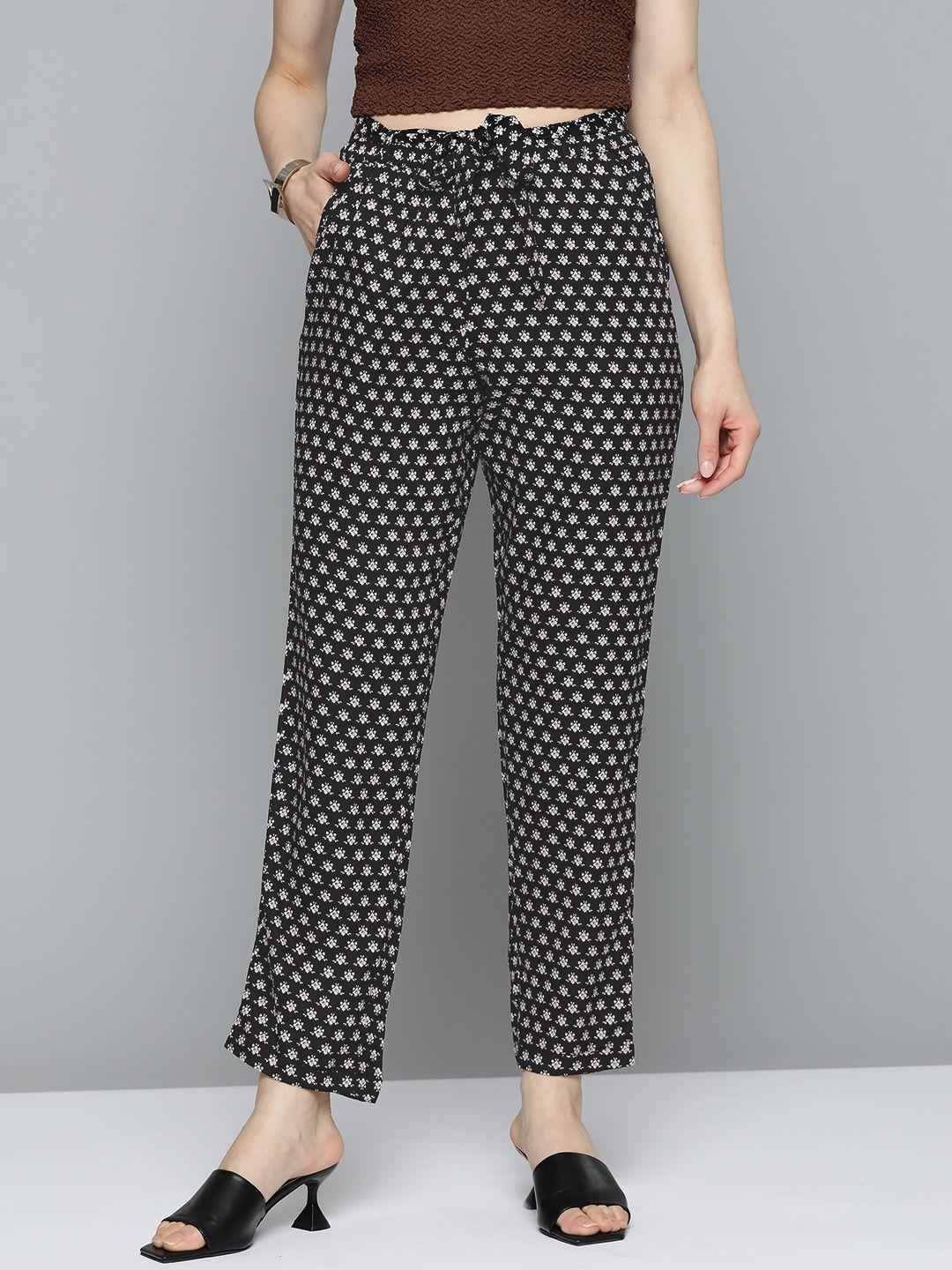 here&now women black floral printed trousers