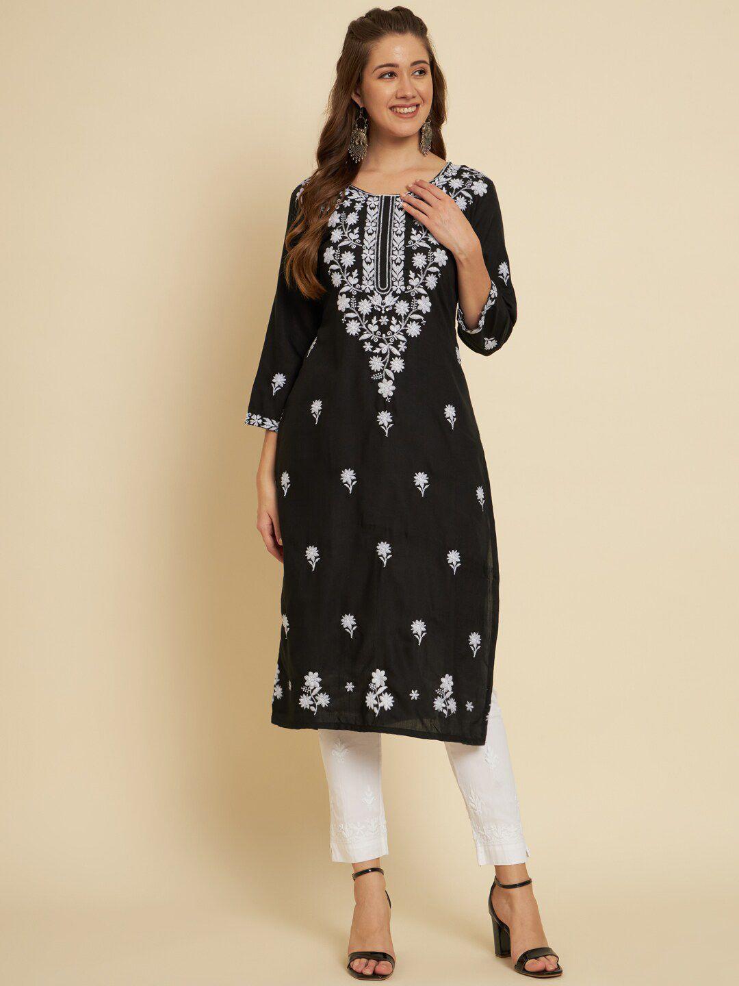 here&now women black geometric embroidered flared sleeves thread work kurta