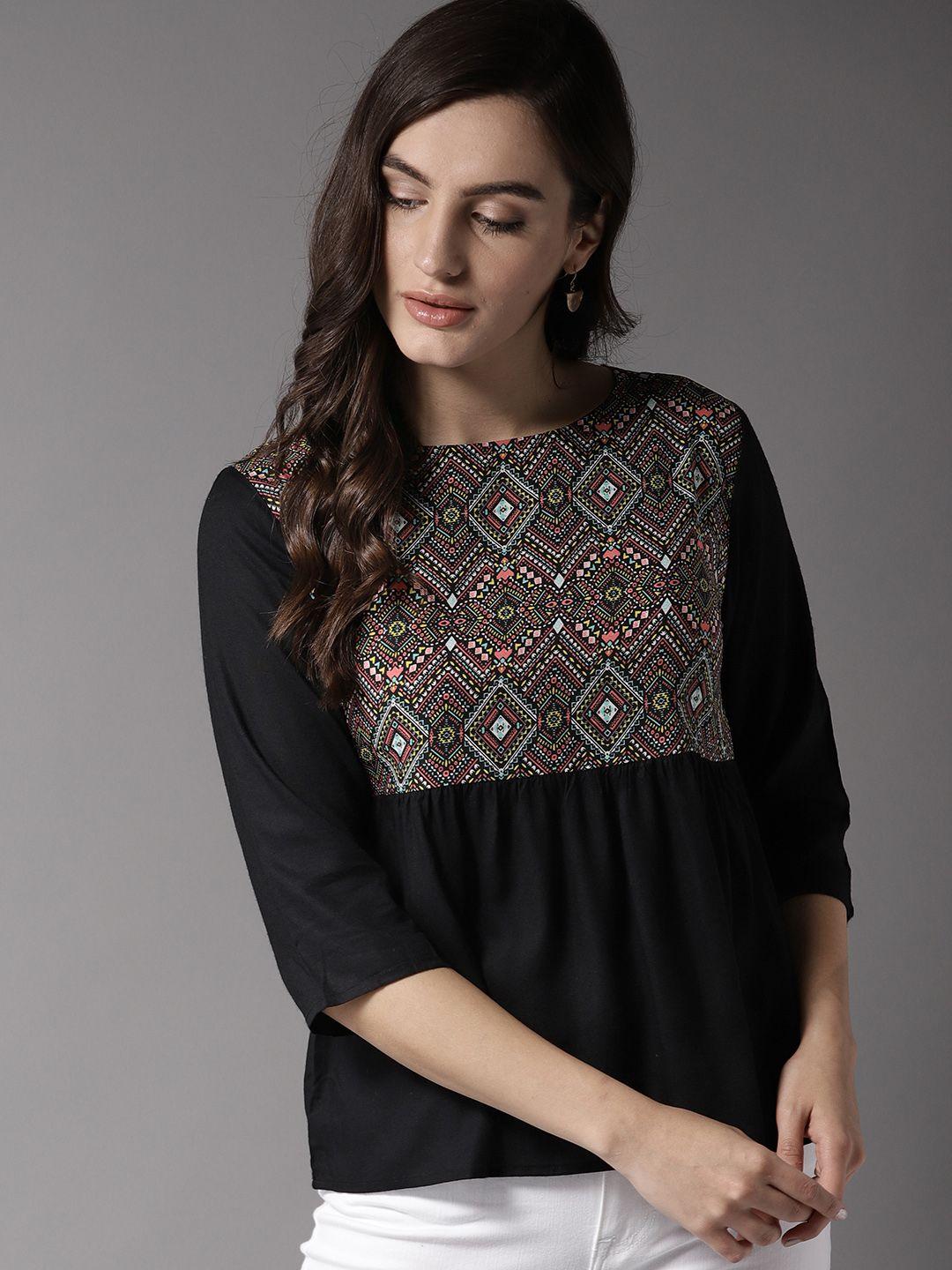 here&now women black printed a-line top