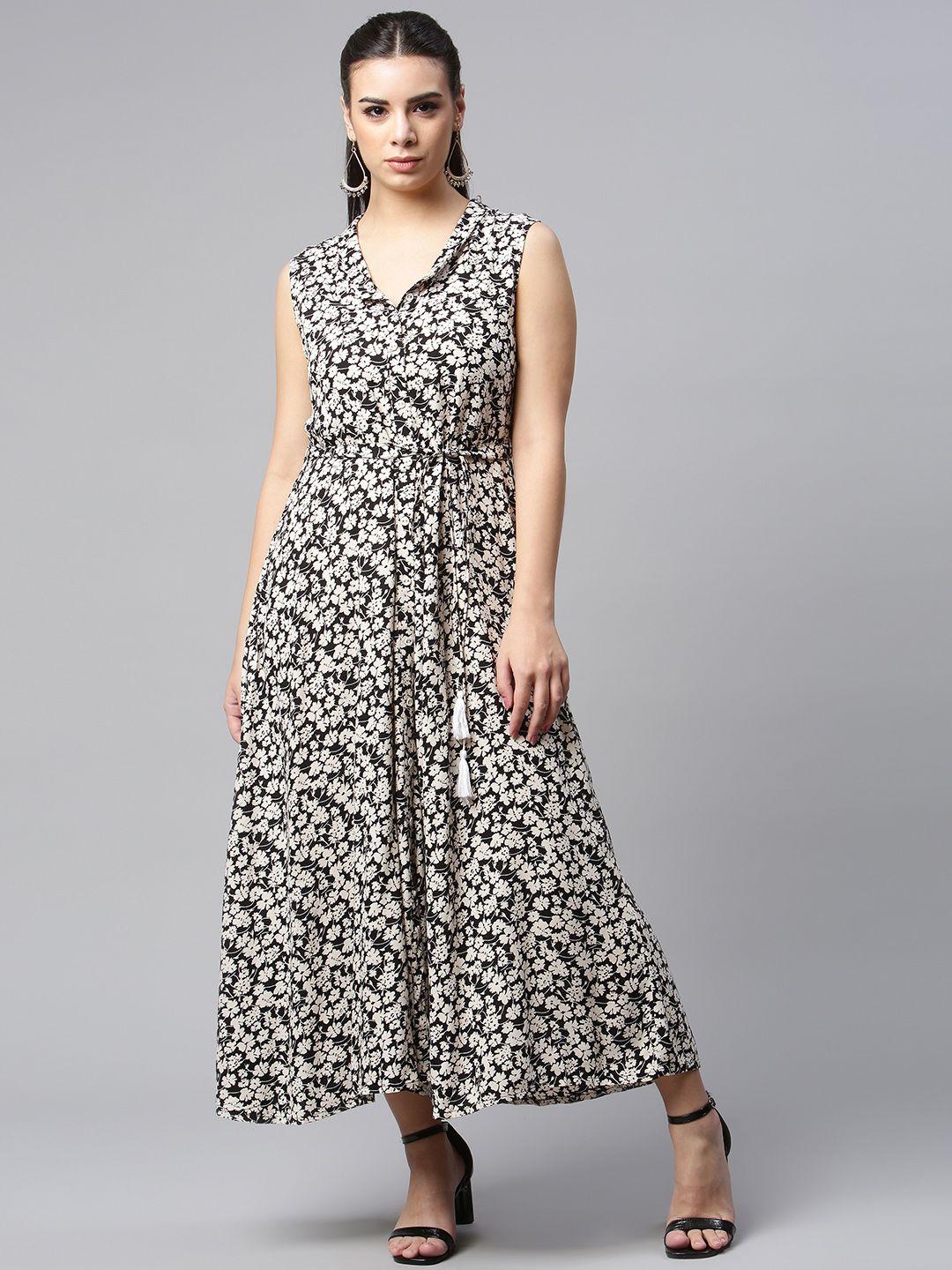here&now women black printed fit & flared ethnic dresses