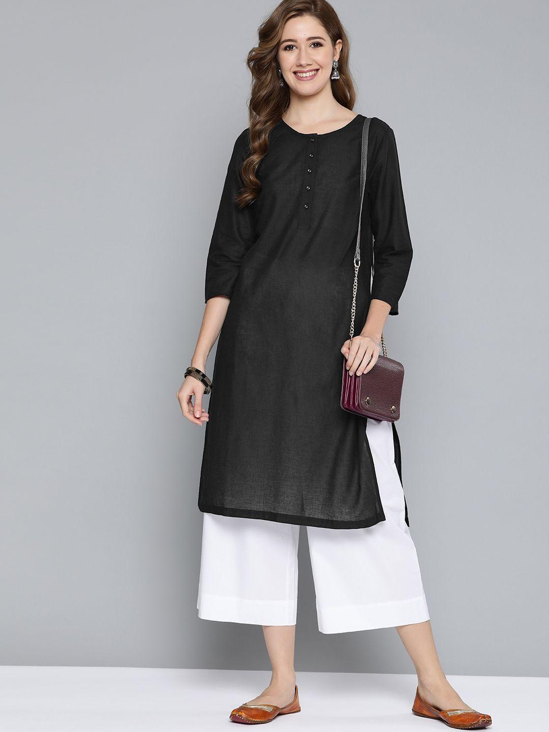 here&now women black pure cotton ethnic motifs printed straight kurta