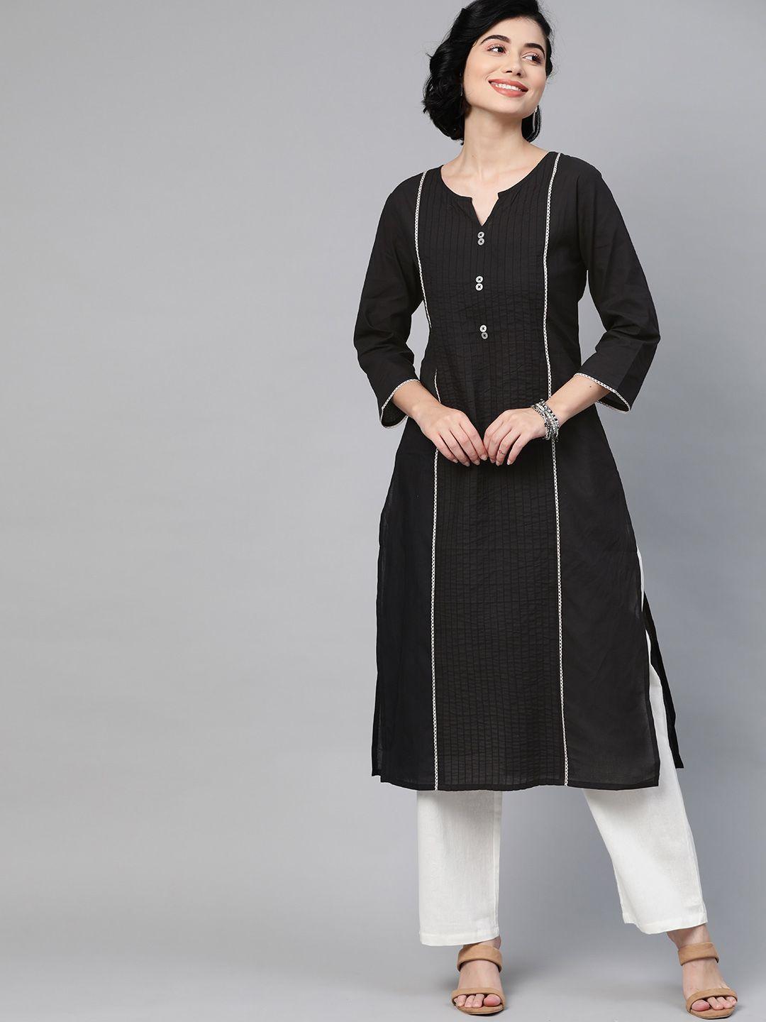 here&now women black pure cotton solid panelled kurta