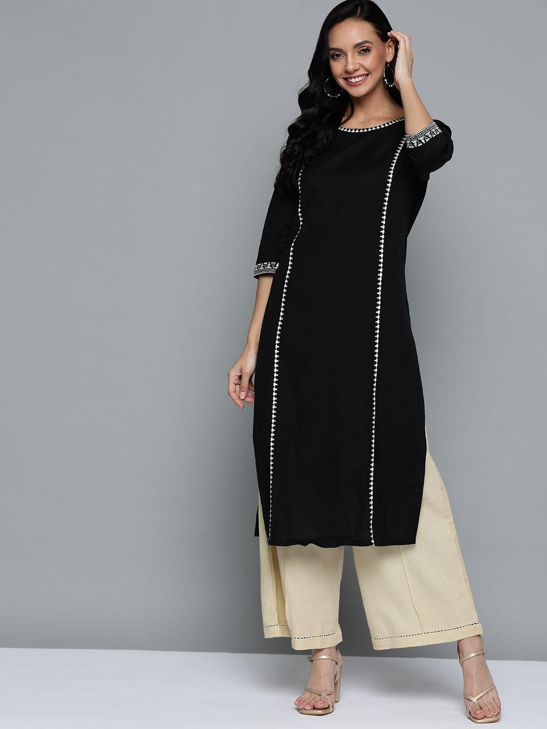 here&now women black thread work kurta