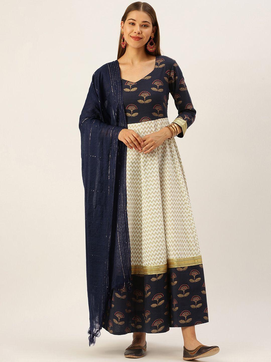 here&now women blue & cream-coloured ethnic motifs printed anarkali kurta with dupatta