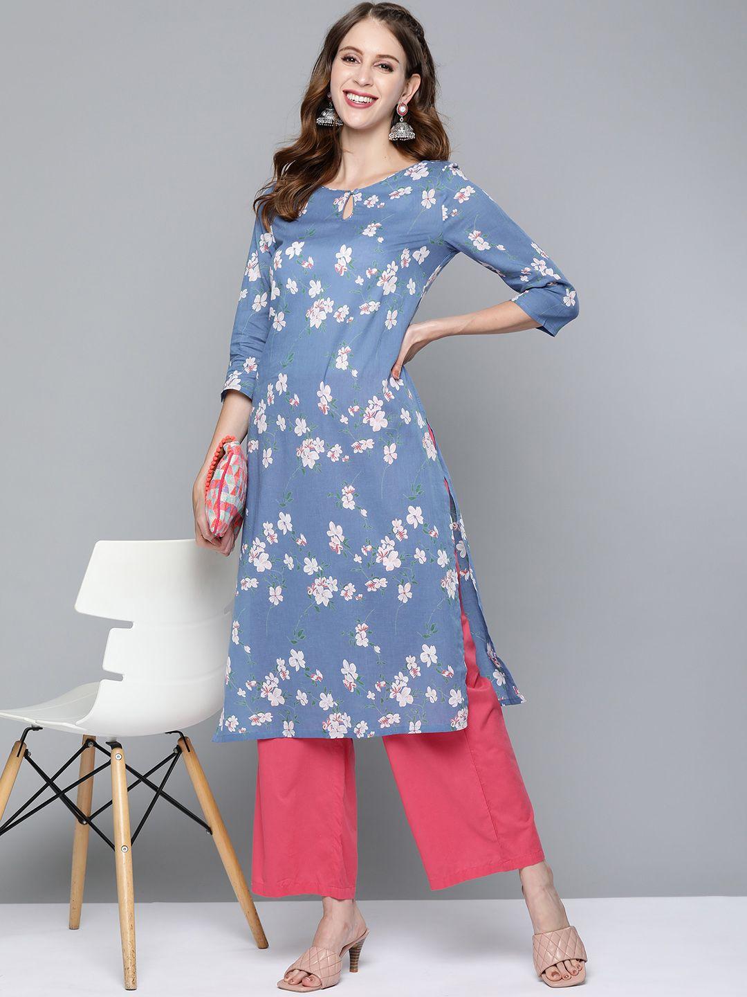 here&now women blue & off white floral printed straight kurta