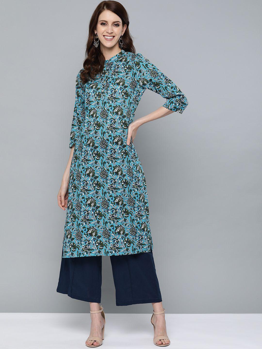 here&now women blue & olive green floral printed straight kurta