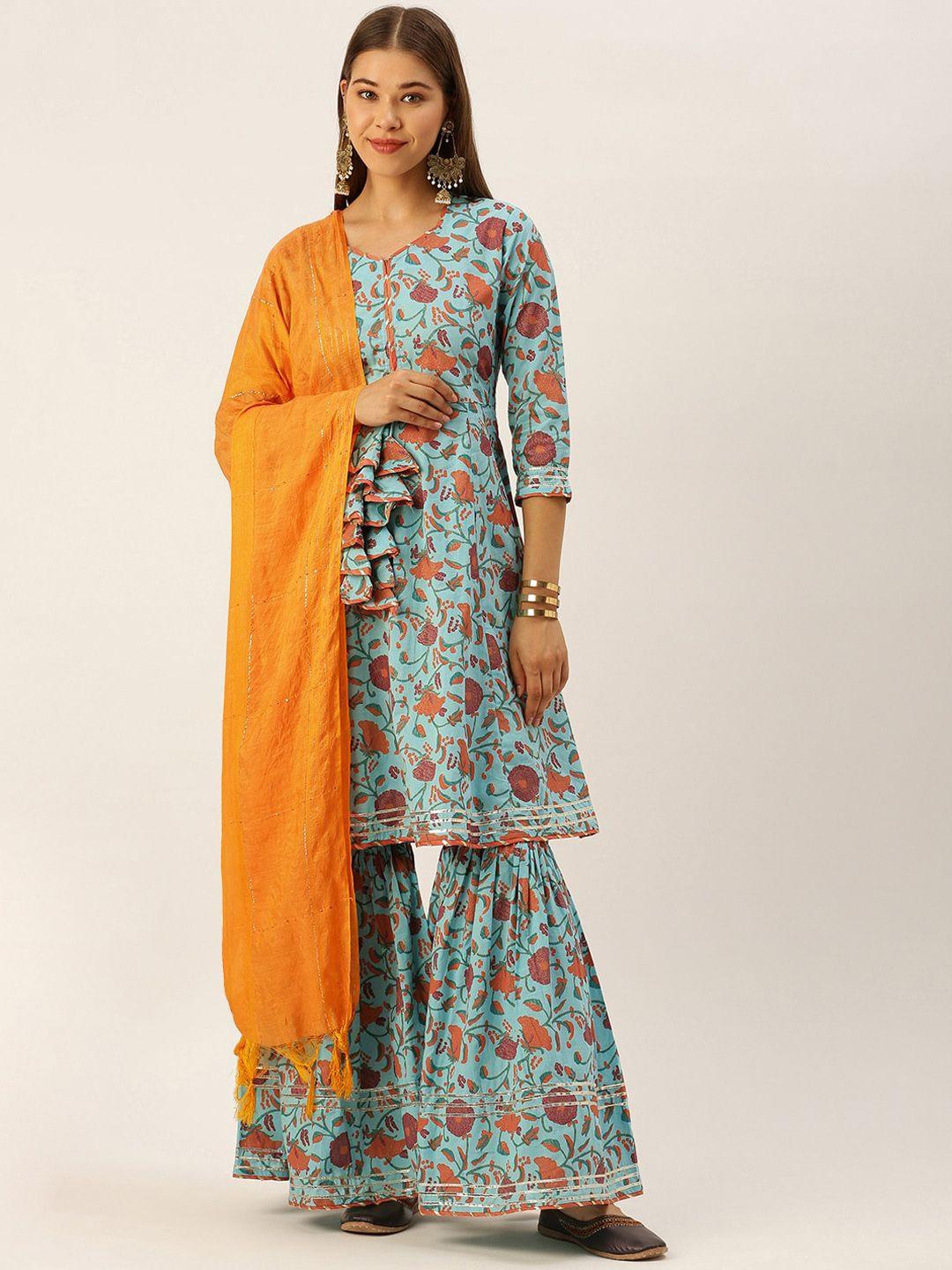 here&now women blue & orange floral printed pure cotton kurta with sharara & with dupatta