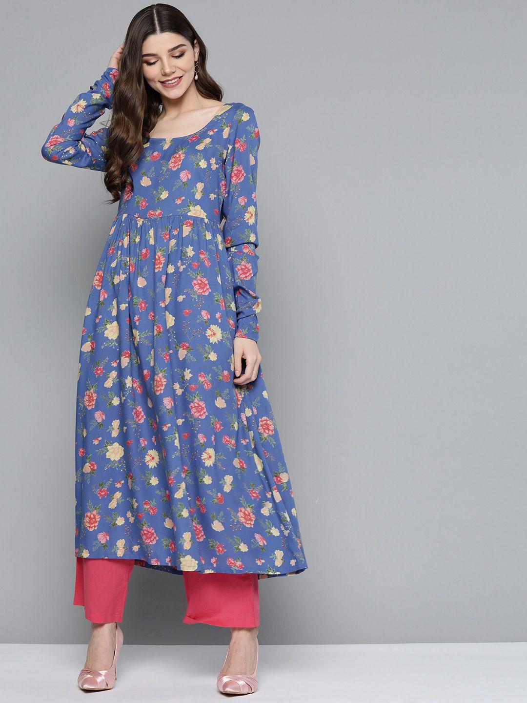 here&now women blue & peach-coloured floral printed floral kurta