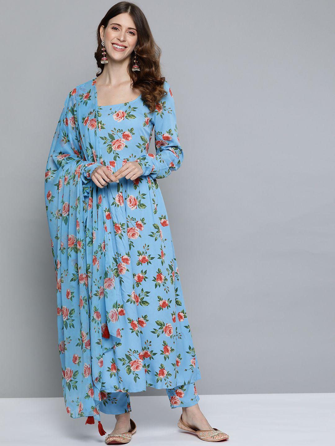 here&now women blue & pink floral printed kurta with trousers & with dupatta