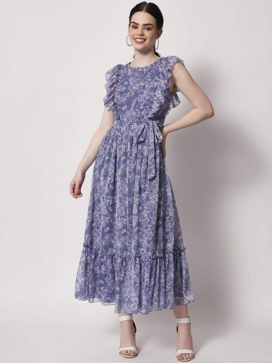 here&now women blue & purple floral printed fit and flare dress