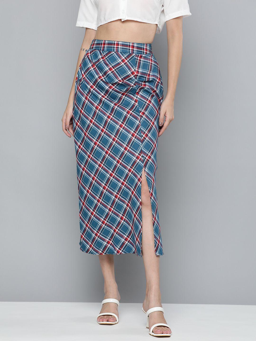here&now women blue & red pure cotton checked straight skirt