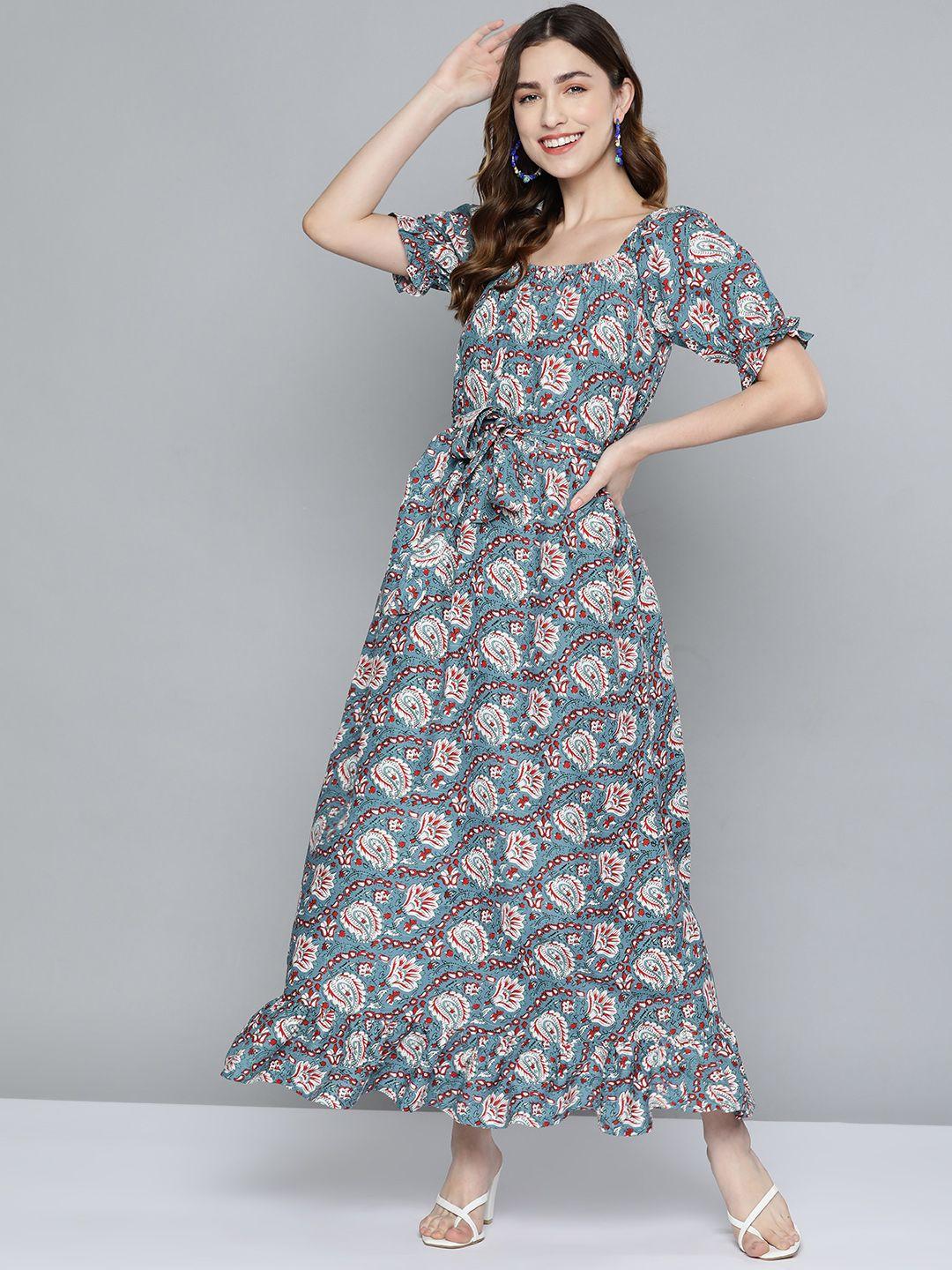 here&now women blue & white ethnic motifs a-line dress with belt