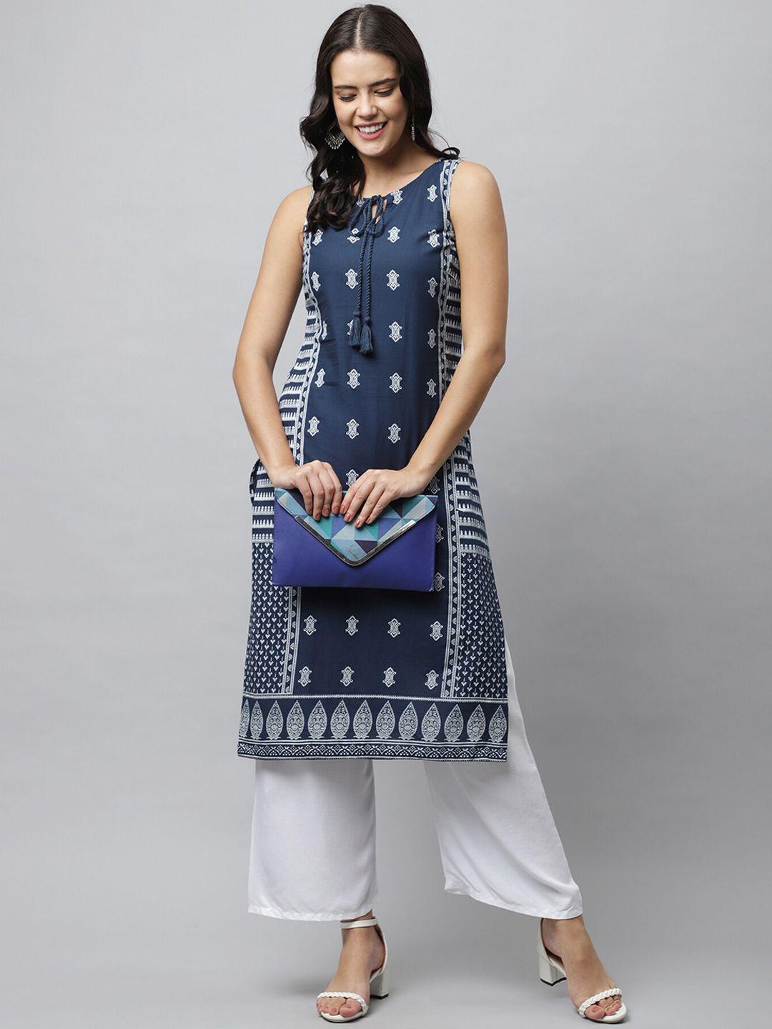 here&now women blue & white ethnic motifs printed kurta