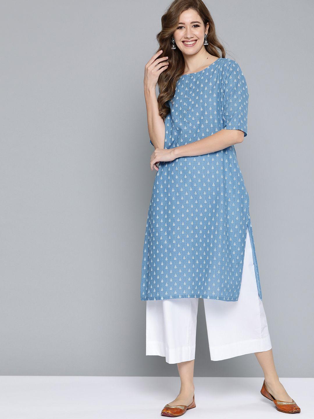 here&now women blue & white ethnic motifs printed straight kurta