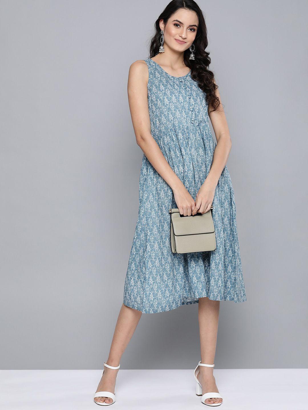 here&now women blue & white fish print pure cotton midi a-line dress