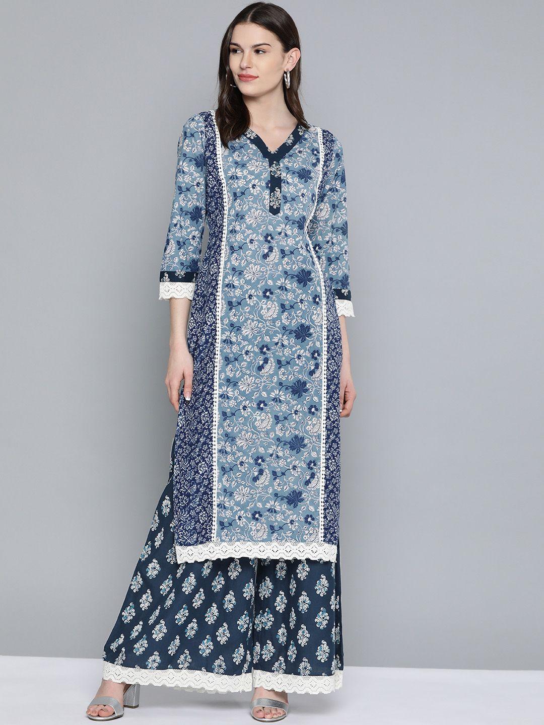 here&now women blue & white printed kurta with palazzos