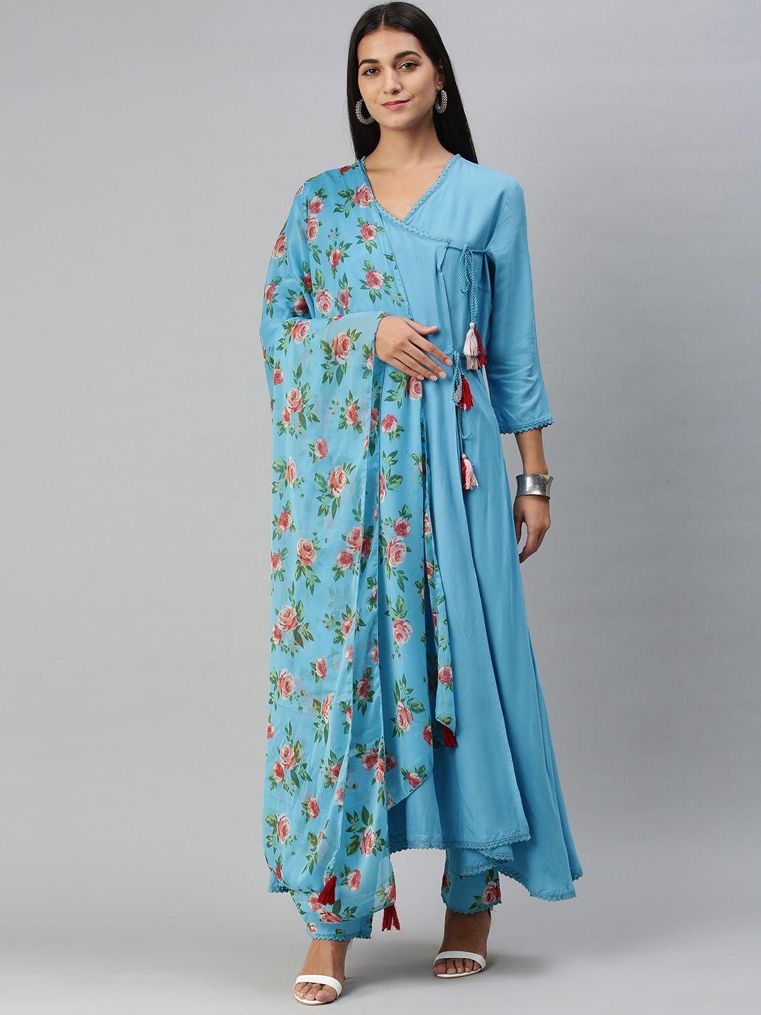 here&now women blue angrakha kurta with trousers & with dupatta