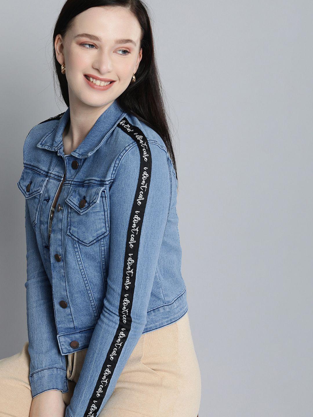 here&now women blue crop denim jacket