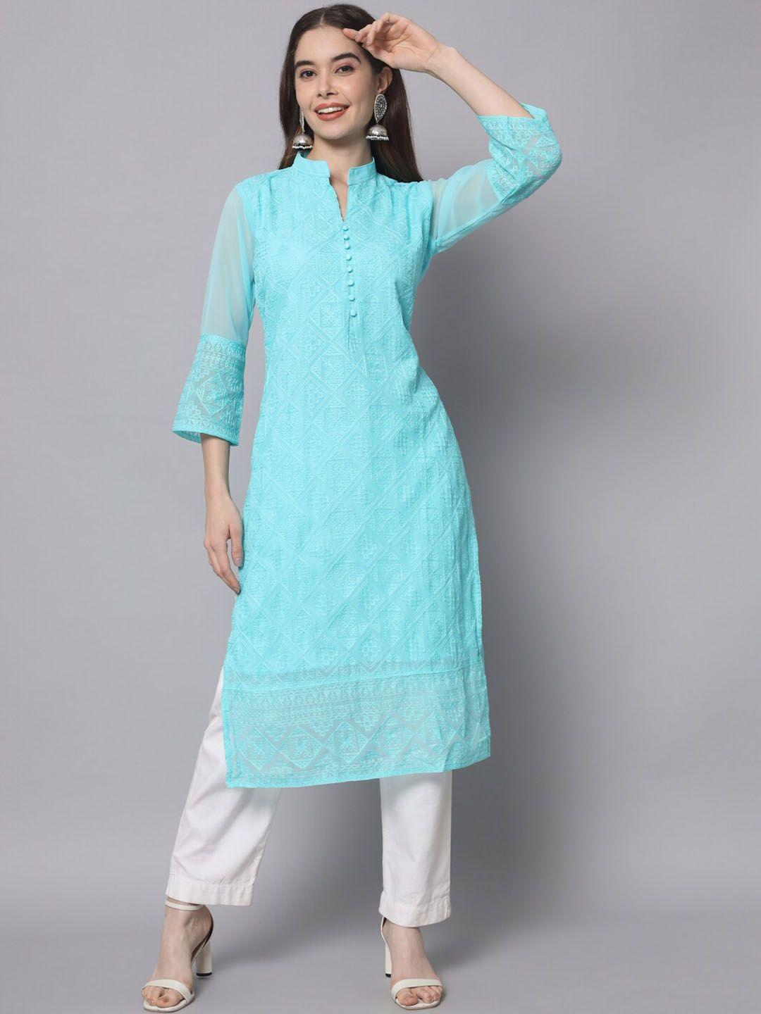 here&now women blue ethnic motifs embroidered thread work georgette kurta