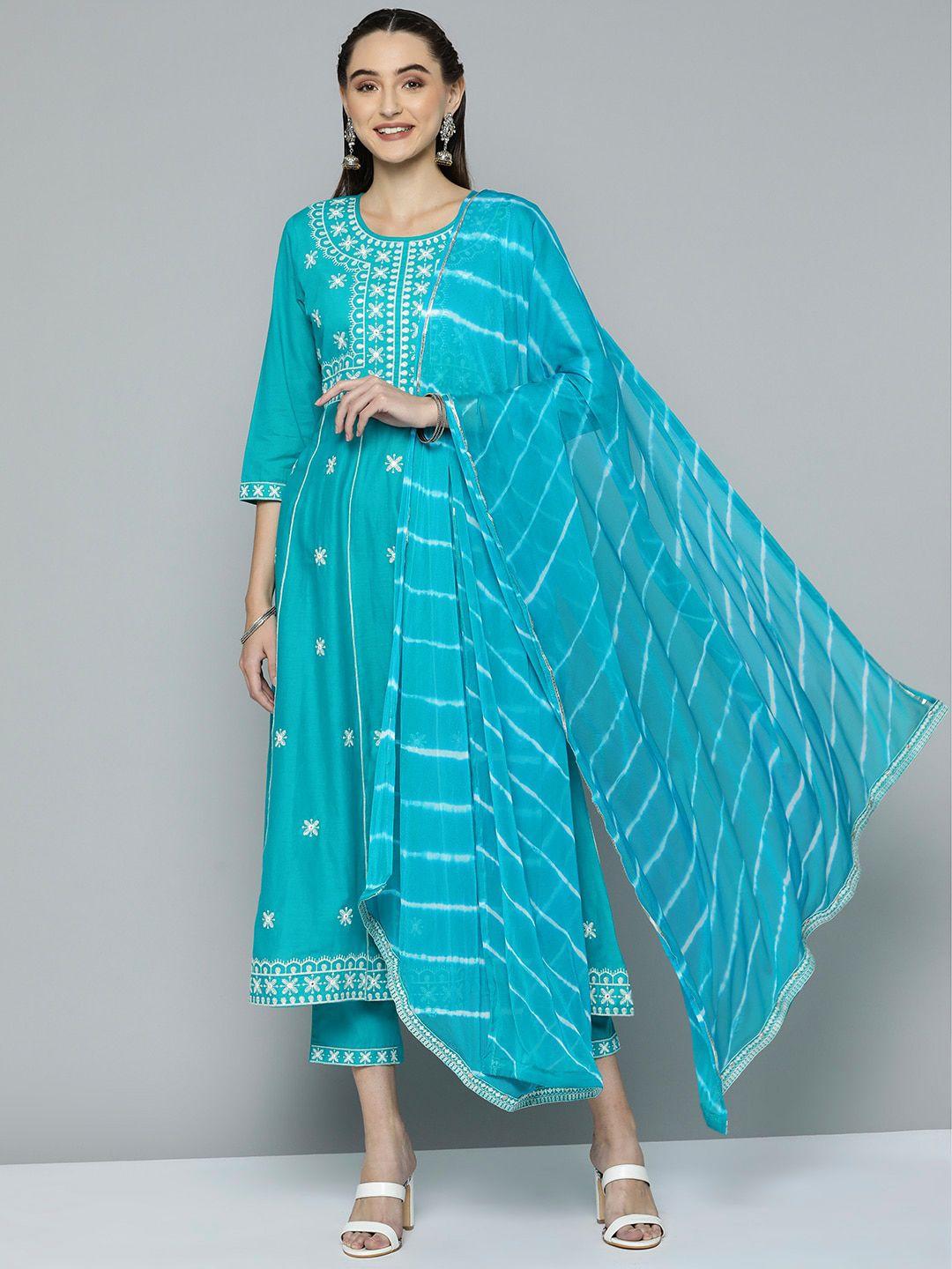 here&now women blue ethnic motifs embroidered thread work kurta with trousers & with dupatta