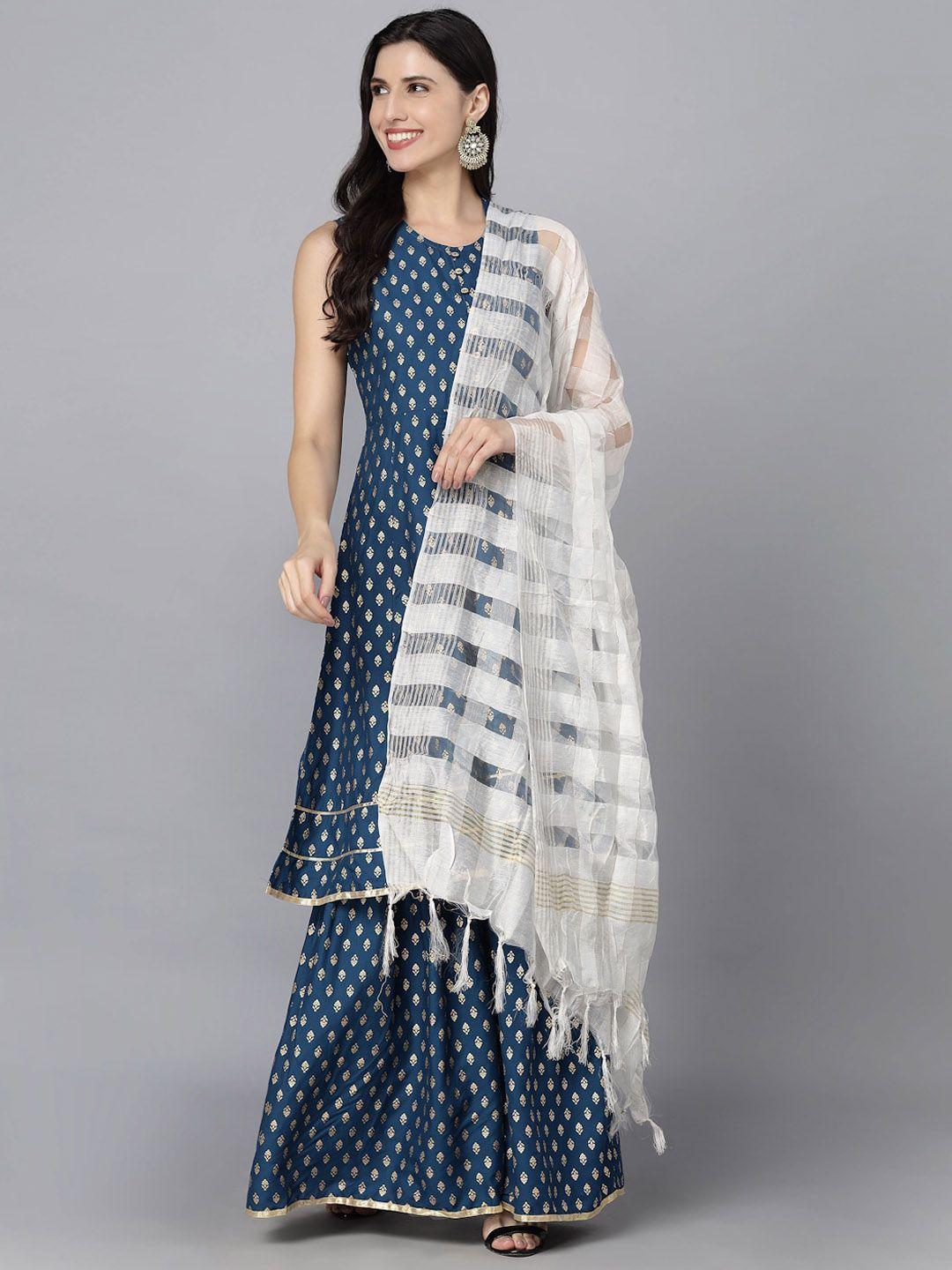 here&now women blue ethnic motifs printed kurta with sharara & with dupatta