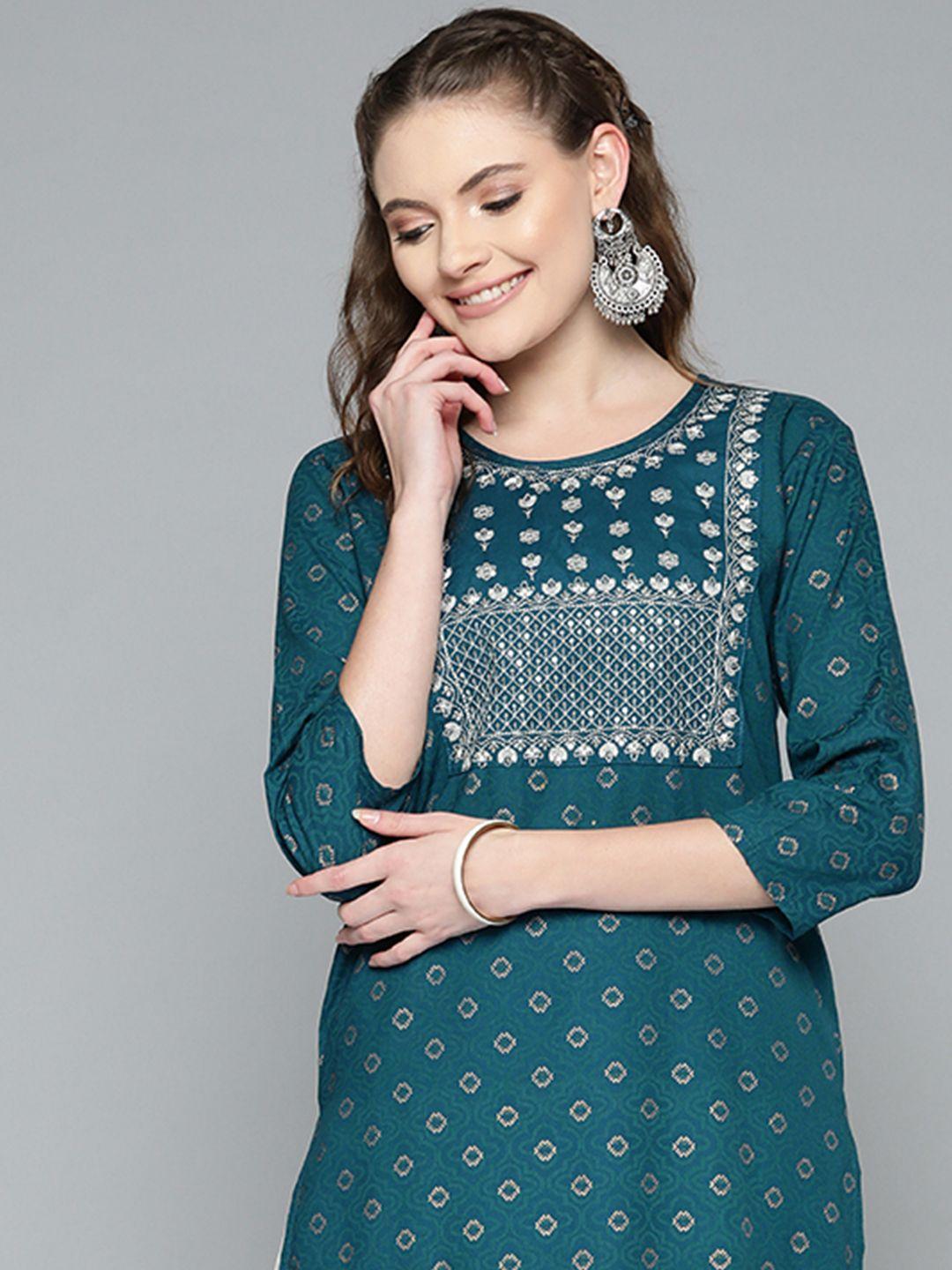here&now women blue ethnic motifs yoke design kurta