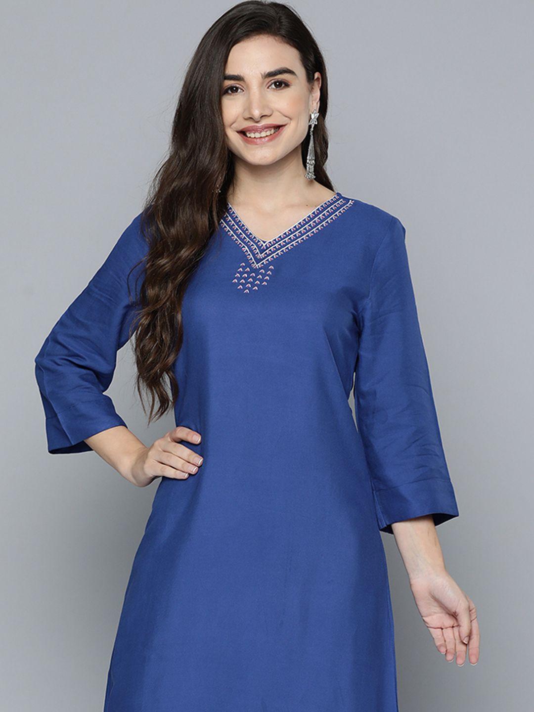 here&now women blue ethnic motifs yoke design thread work kurta