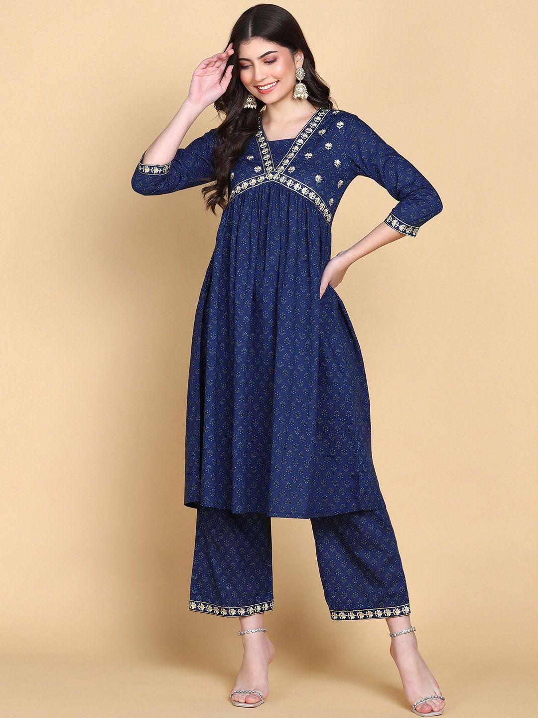 here&now women blue floral embroidered empire thread work pure cotton kurta with palazzos