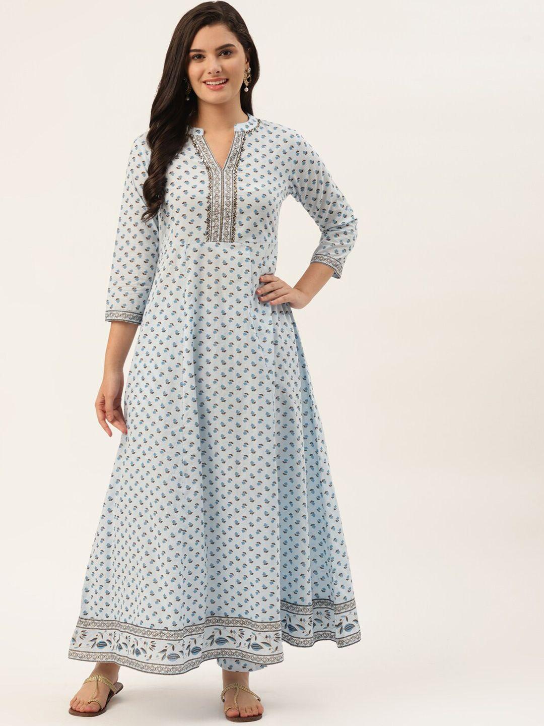 here&now women blue floral printed pure cotton kurta with trousers