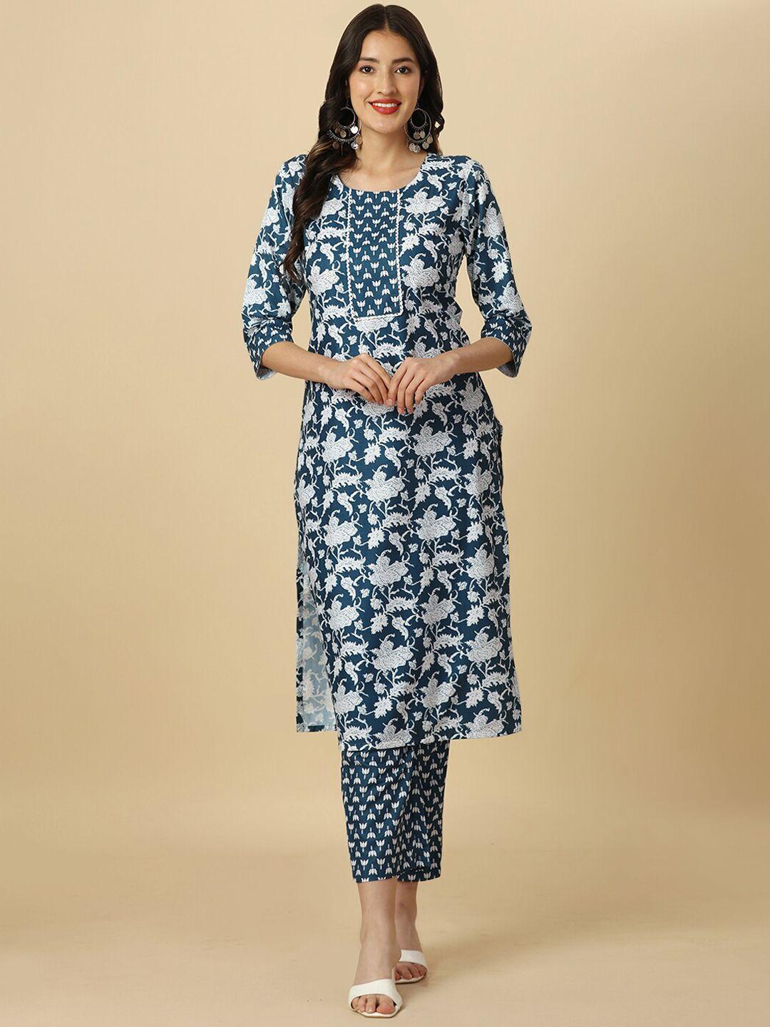 here&now women blue floral printed regular kurta with trousers