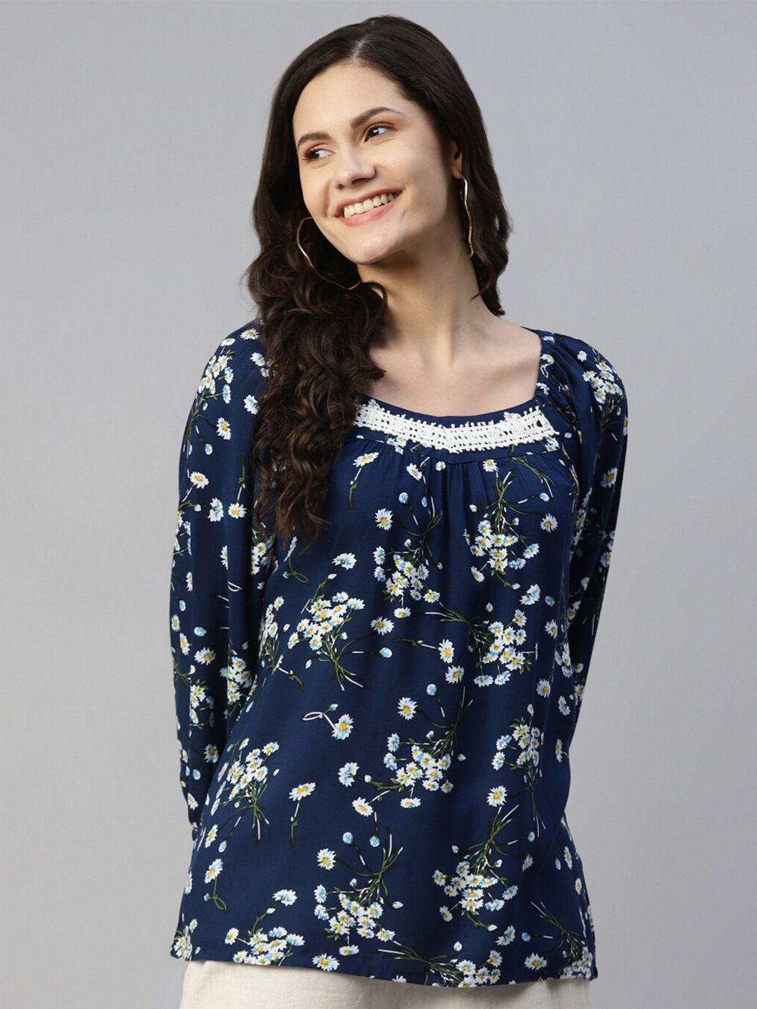 here&now women blue floral printed square neck kurti