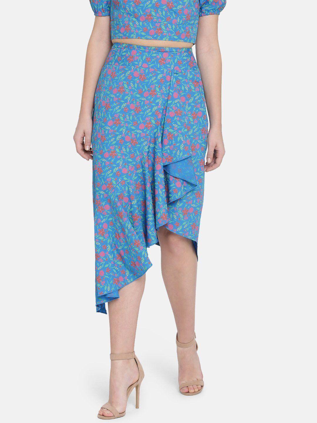 here&now women blue printed knee length ruffle skirt