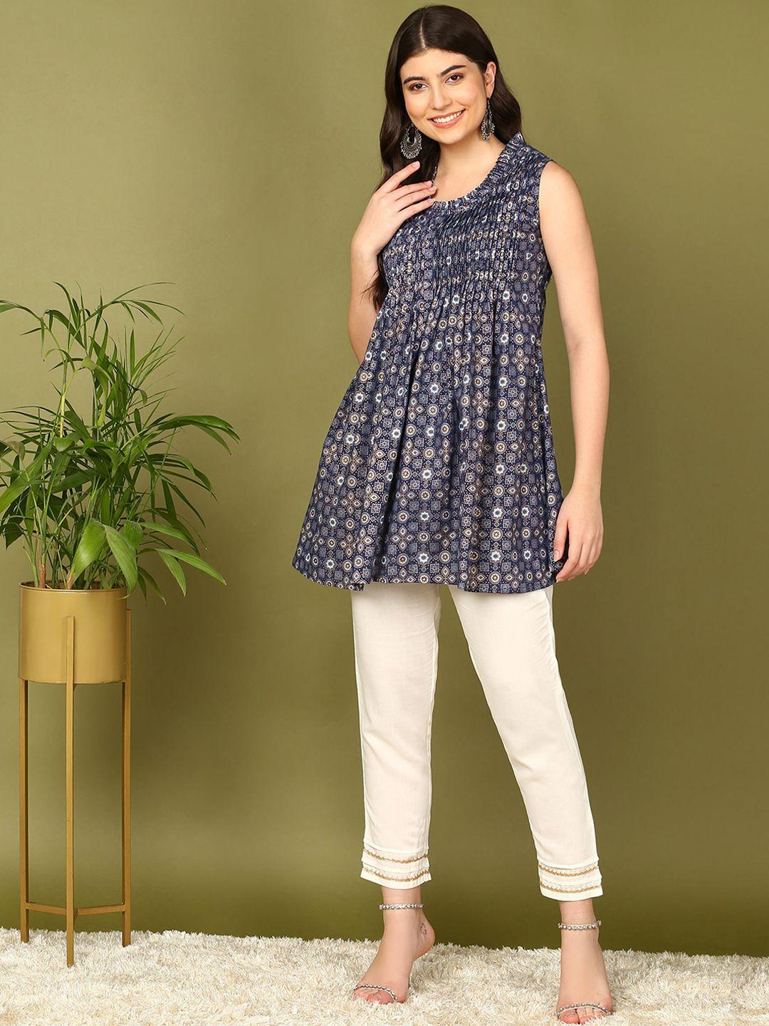 here&now women blue printed regular pure cotton kurti with trousers