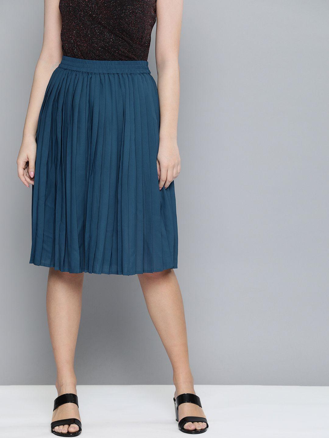 here&now women blue solid accordion pleated a-line skirt